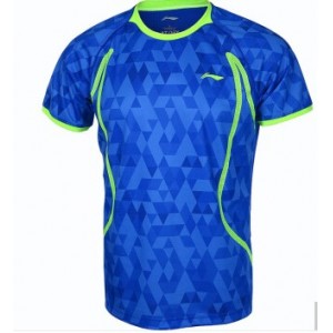 李宁 LI-NING 17年新款羽毛球上衣运动短袖圆领T恤AAYM001-2男 晶蓝色XL